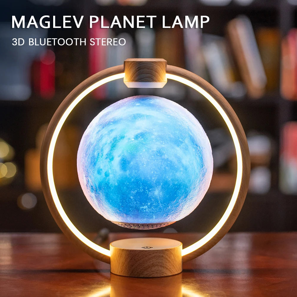 "Levitating Moon Light Bluetooth Speaker: 3D Stereo Sound, Magnetic Levitation, LED Globe, Rotating Lamp - Perfect for Home Decor and Bedside Ambiance!"