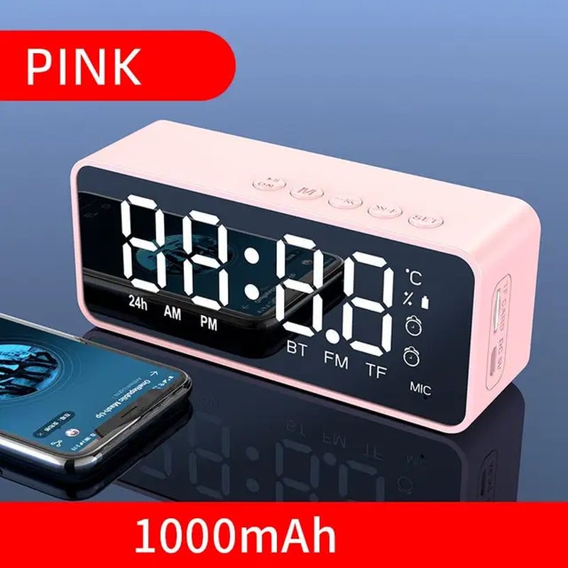 "Mirrored Alarm Clock Speaker with Bluetooth and FM Radio"