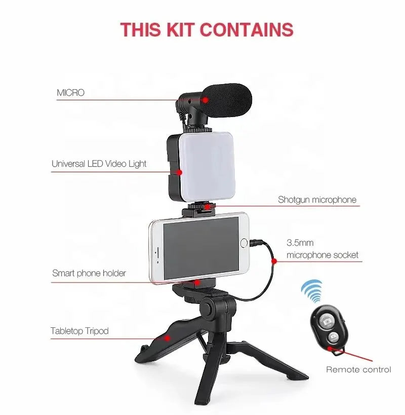 "Ultimate Vlogging Essentials Kit: Smartphone Tripod, Mini Microphone, LED Fill Light - Perfect for Tiktok, Live Streaming, and YouTube Videos!"