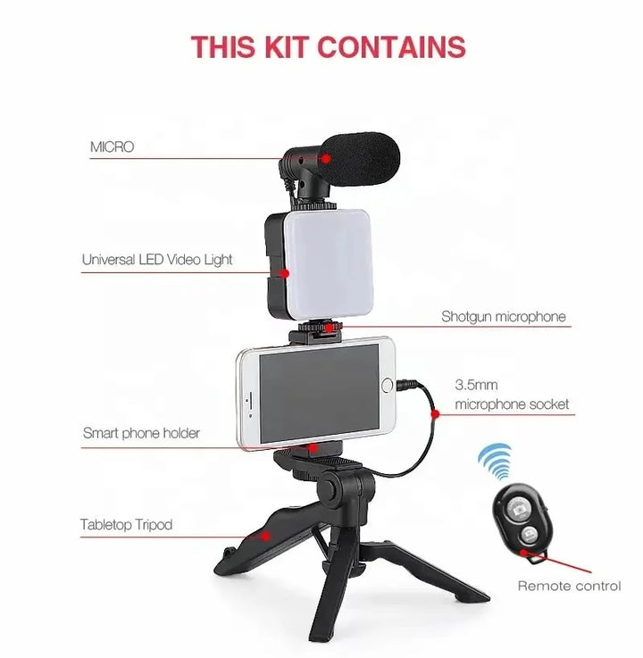 "Ultimate Vlogging Essentials Kit: Smartphone Tripod, Mini Microphone, LED Fill Light - Perfect for Tiktok, Live Streaming, and YouTube Videos!"