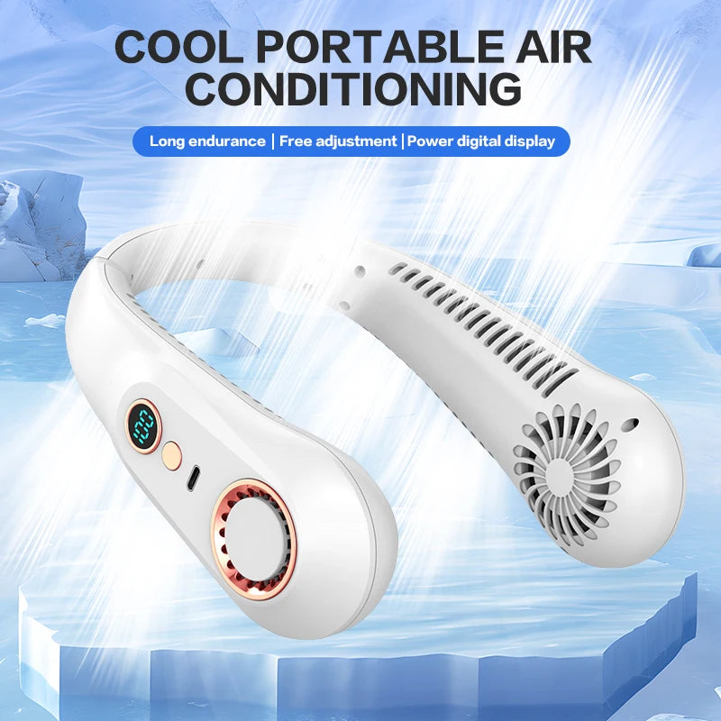 "Bladeless Neckband Fan: Portable Mini Neck Fan with Digital Display and USB Rechargeable Power"