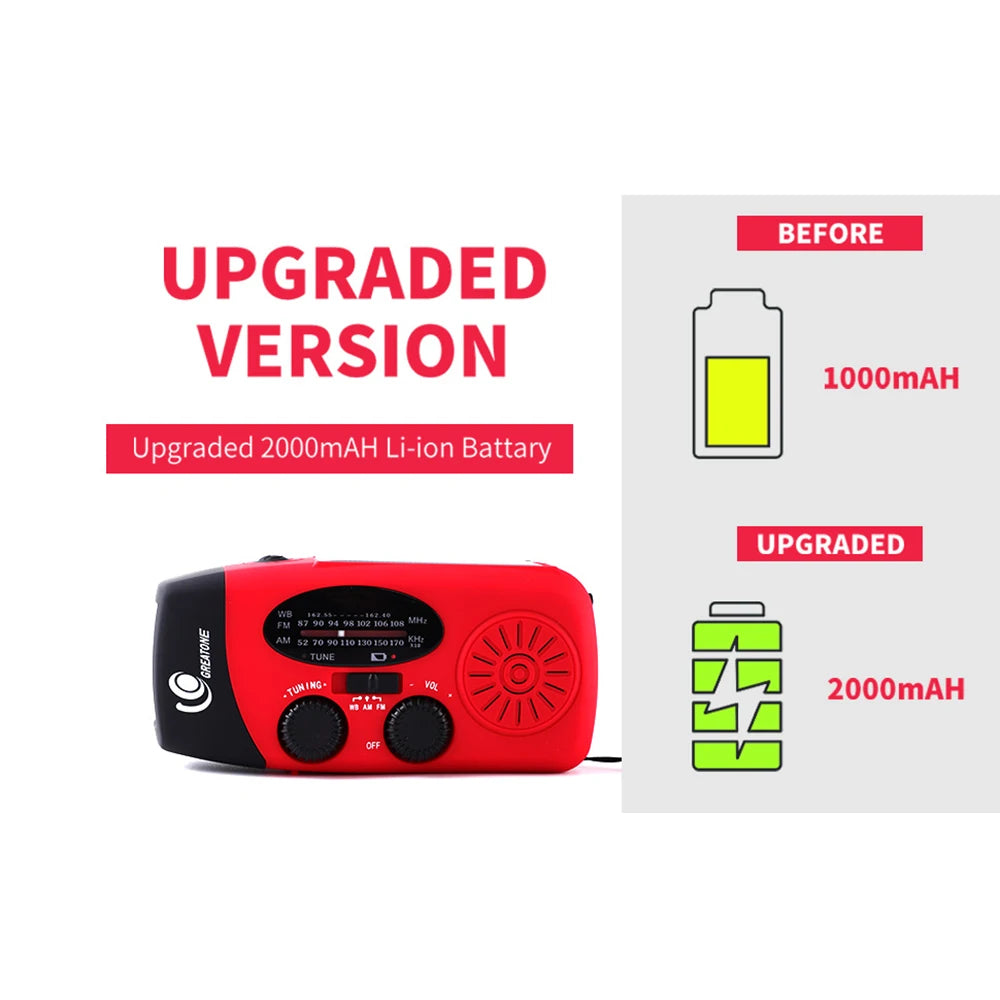 "Ultimate Emergency Solar Hand Crank Radio with Global Receiver, LED Torch, Reading Light, SOS Alarm, and 2000mAh Power"