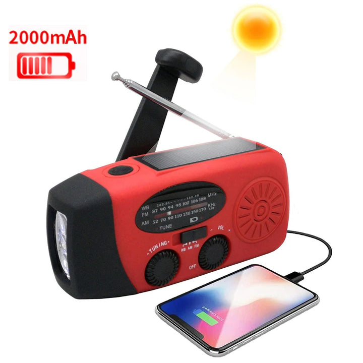 "Ultimate Emergency Solar Hand Crank Radio with Global Receiver, LED Torch, Reading Light, SOS Alarm, and 2000mAh Power"