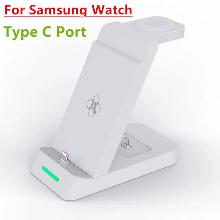 "Ultimate 3-in-1 Fast Wireless Charging Station for iPhone and Samsung Galaxy with Apple Watch and AirPods Dock"