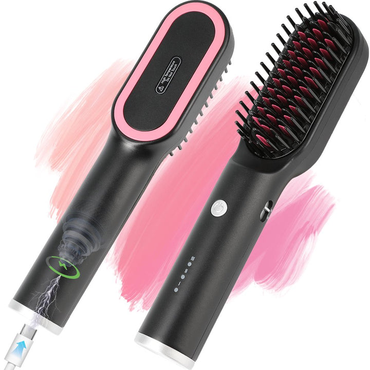 Cordless Portable Hair Straightening Brush with Negative Ion Technology, USB Rechargeable, Lightweight and Anti-Scald for Travel - Black, Pink