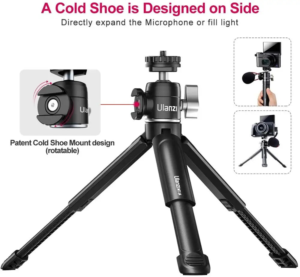 "Ultimate Vlogging Companion:  U-Vlog Lite Mini Tripod - 360° Ball Head, Cold Shoe, Selfie Stick - Perfect for Cameras, iPhones, Androids, and DSLRs!"