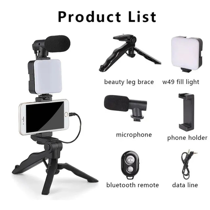 "Ultimate Vlogging Essentials Kit: Smartphone Tripod, Mini Microphone, LED Fill Light - Perfect for Tiktok, Live Streaming, and YouTube Videos!"