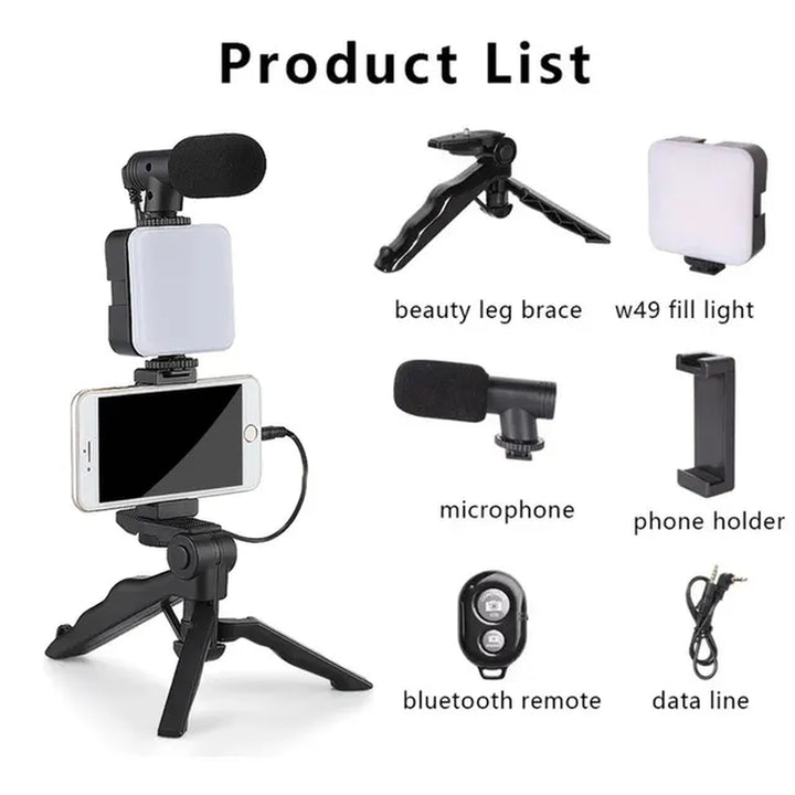 "Ultimate Vlogging Essentials Kit: Smartphone Tripod, Mini Microphone, LED Fill Light - Perfect for Tiktok, Live Streaming, and YouTube Videos!"