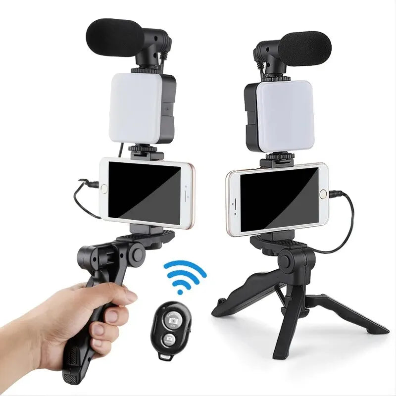 "Ultimate Vlogging Essentials Kit: Smartphone Tripod, Mini Microphone, LED Fill Light - Perfect for Tiktok, Live Streaming, and YouTube Videos!"