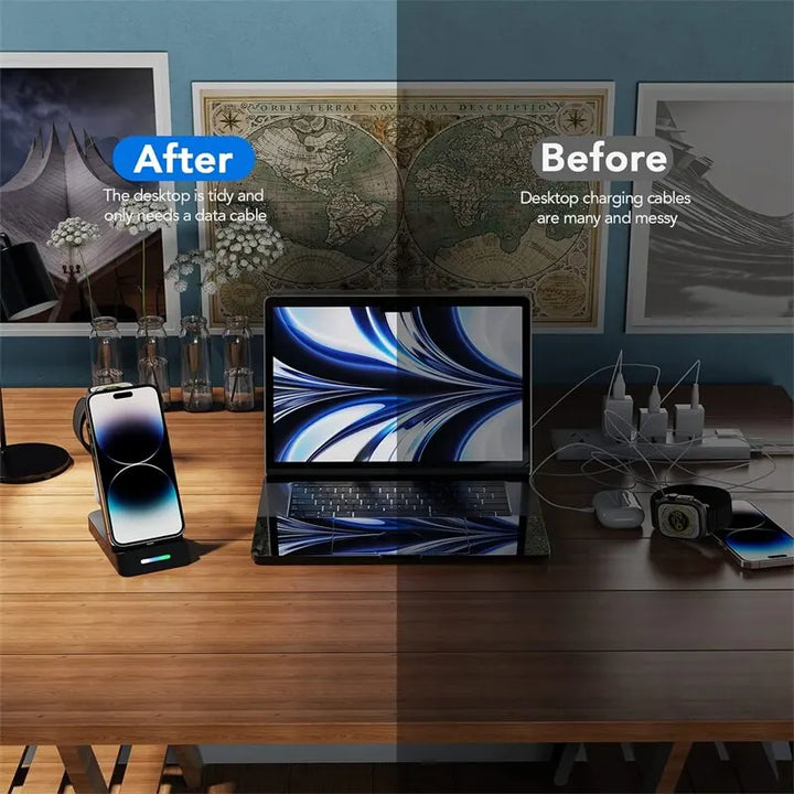 "Ultimate 3-in-1 Fast Wireless Charging Station for iPhone and Samsung Galaxy with Apple Watch and AirPods Dock"