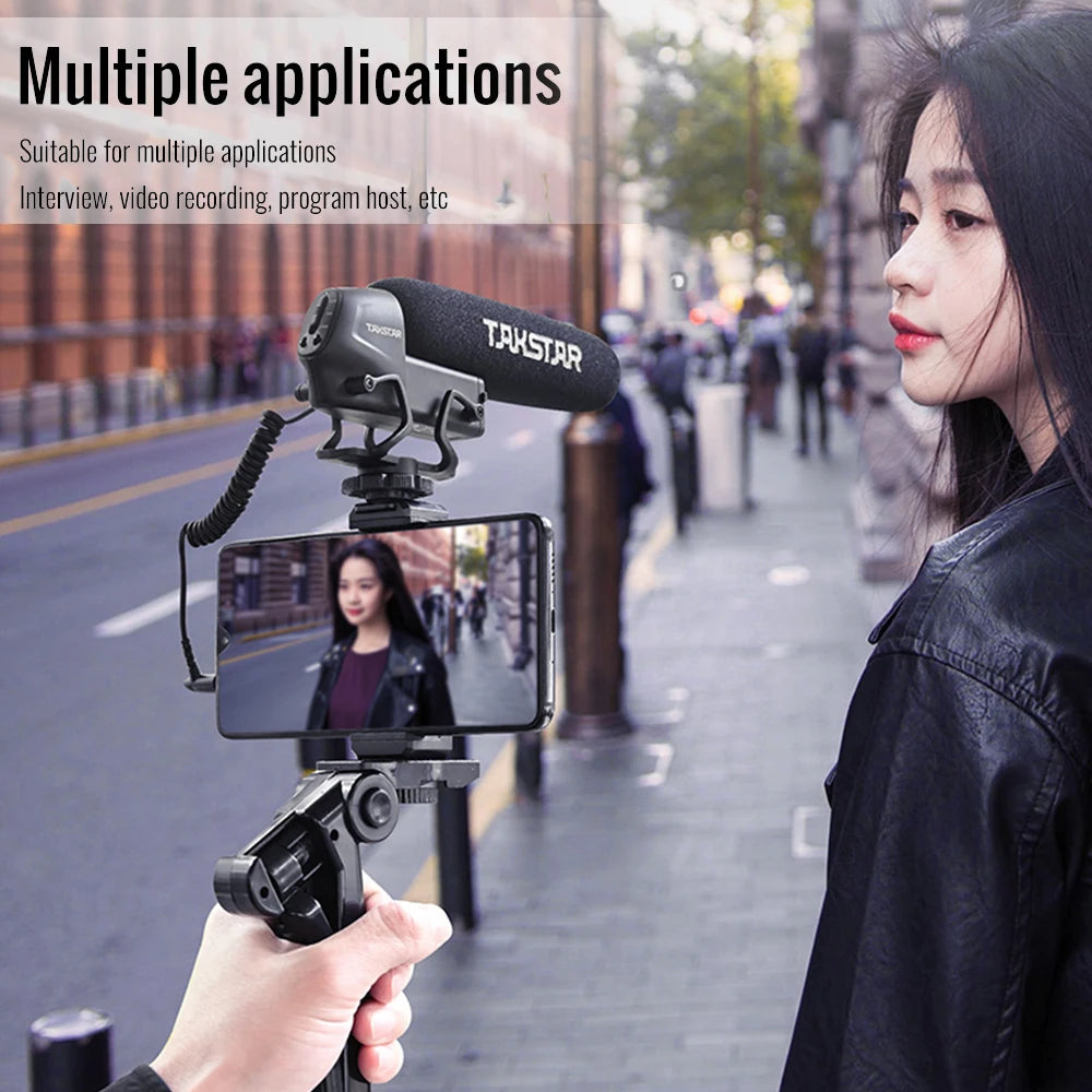 "Pro-Level On-Camera Super-Cardioid Interview Microphone with 3-Level Gain Control and Windscreen - Perfect for DSLR Cameras!"