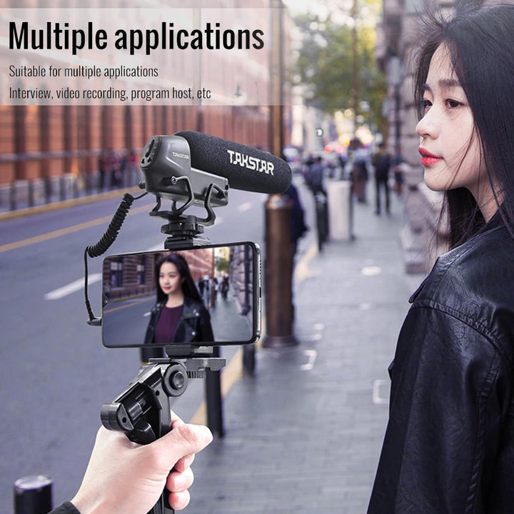 "Pro-Level On-Camera Super-Cardioid Interview Microphone with 3-Level Gain Control and Windscreen - Perfect for DSLR Cameras!"