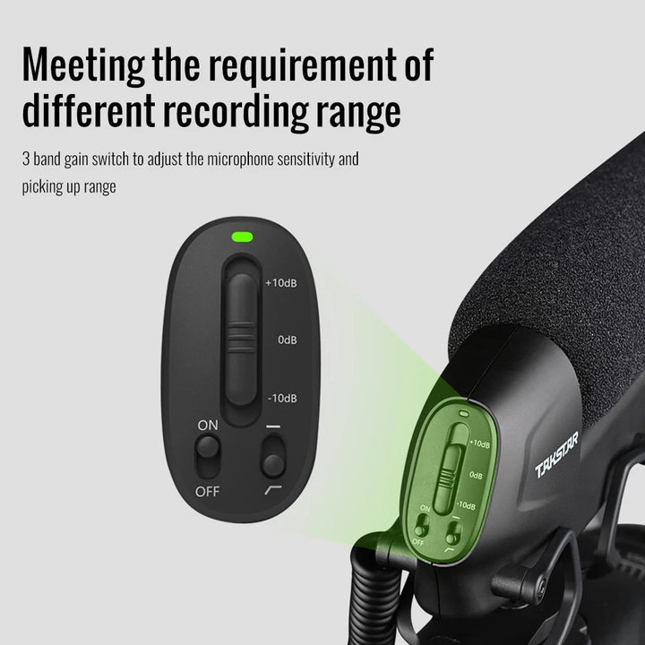 "Pro-Level On-Camera Super-Cardioid Interview Microphone with 3-Level Gain Control and Windscreen - Perfect for DSLR Cameras!"