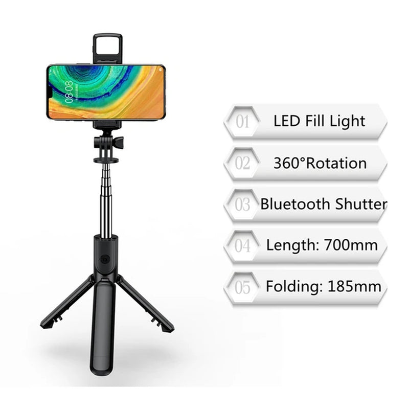 Upgrade Your Selfie Game! Ultimate Selfie Stick 3-in-1 Wireless Tripod with Fill Light and Bluetooth Remote      "