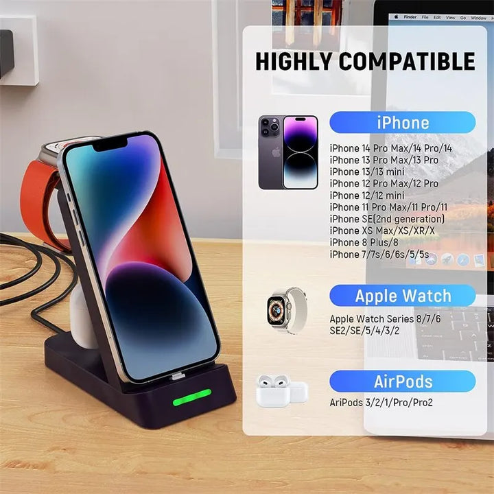 "Ultimate 3-in-1 Fast Wireless Charging Station for iPhone and Samsung Galaxy with Apple Watch and AirPods Dock"