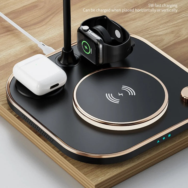 15W Fast 5 in 1 Wireless Charging for Iphone Watch Earphone Modern Led Office Desk Lamp Wireless Charger Lamp