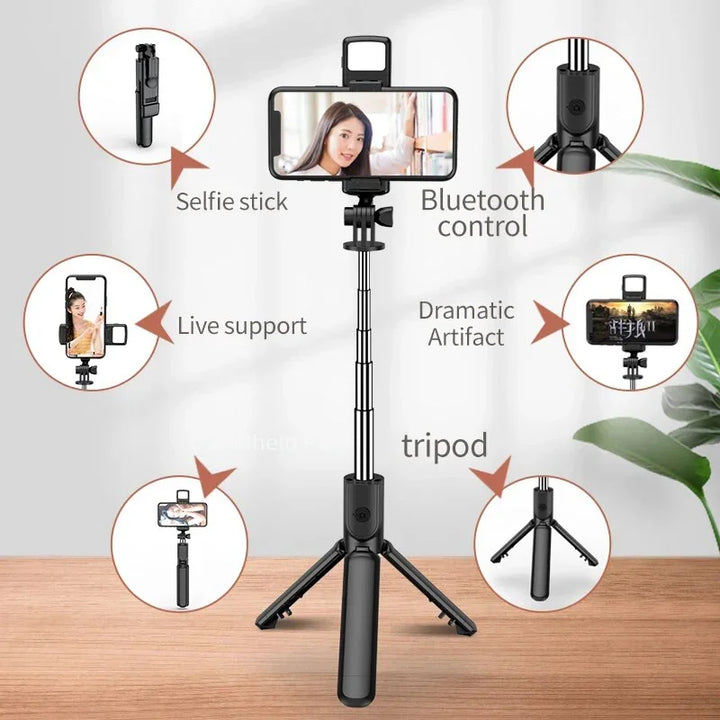 Upgrade Your Selfie Game! Ultimate Selfie Stick 3-in-1 Wireless Tripod with Fill Light and Bluetooth Remote      "