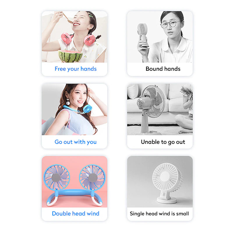 "Hands-Free USB Rechargeable Neck Fan - Portable Mini Sports Fan with Dual 3-Speed Adjustable Fans for Home and Office"