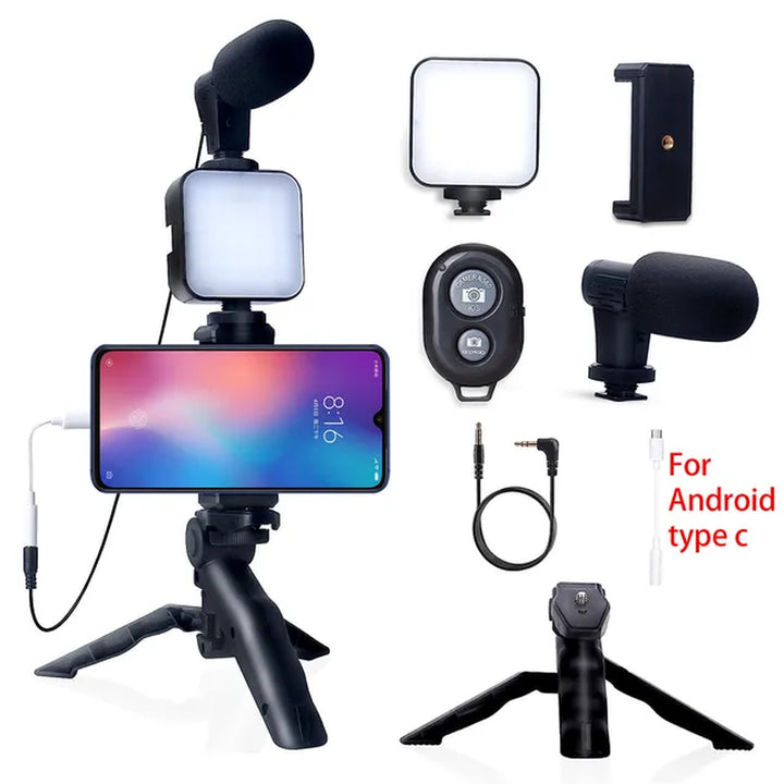 Professional Product Title: "Professional Smartphone Vlogging Kit with Tripod, Mini Microphone, and Accessories for TikTok, YouTube, and Live Streaming