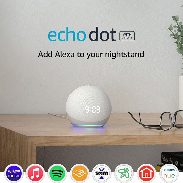 "Enhanced Echo Dot (4th Gen) with Clock and Alexa in Glacier White - Your Ultimate Smart Speaker!"
