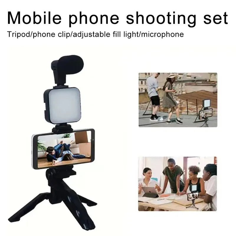 "Ultimate Vlogging Essentials Kit: Smartphone Tripod, Mini Microphone, LED Fill Light - Perfect for Tiktok, Live Streaming, and YouTube Videos!"