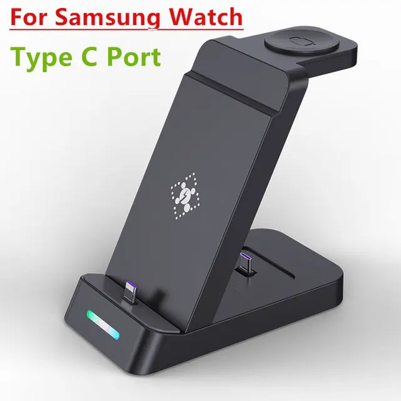 "Ultimate 3-in-1 Fast Wireless Charging Station for iPhone and Samsung Galaxy with Apple Watch and AirPods Dock"
