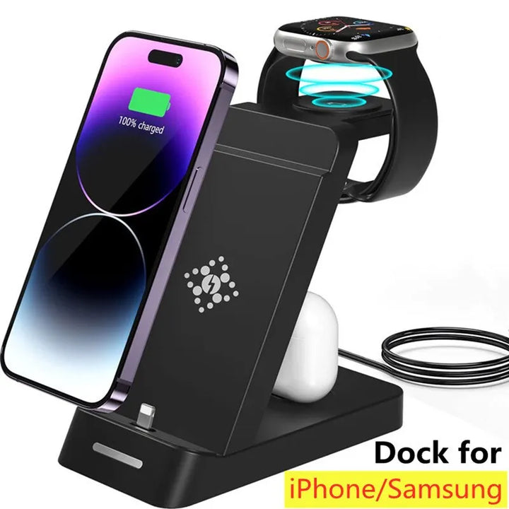 "Ultimate 3-in-1 Fast Wireless Charging Station for iPhone and Samsung Galaxy with Apple Watch and AirPods Dock"