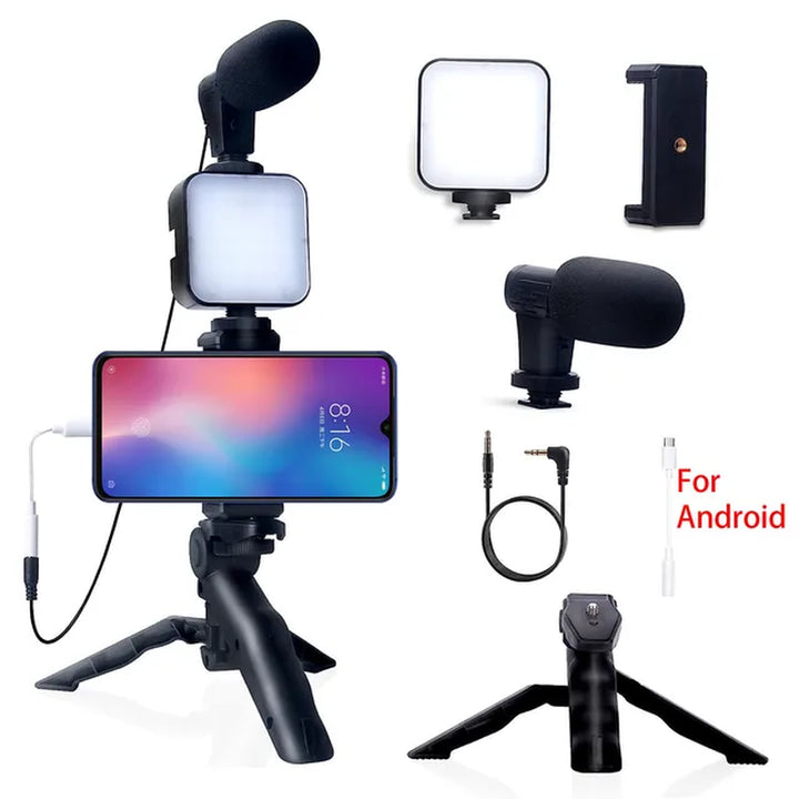 Professional Product Title: "Professional Smartphone Vlogging Kit with Tripod, Mini Microphone, and Accessories for TikTok, YouTube, and Live Streaming