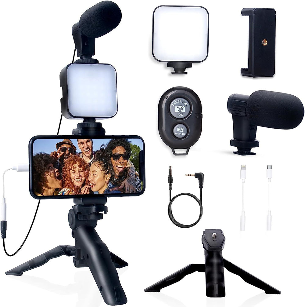 Professional Product Title: "Professional Smartphone Vlogging Kit with Tripod, Mini Microphone, and Accessories for TikTok, YouTube, and Live Streaming