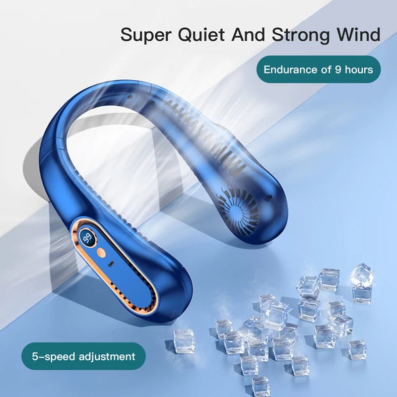 "Bladeless Neckband Fan: Portable Mini Neck Fan with Digital Display and USB Rechargeable Power"