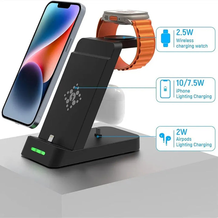 "Ultimate 3-in-1 Fast Wireless Charging Station for iPhone and Samsung Galaxy with Apple Watch and AirPods Dock"