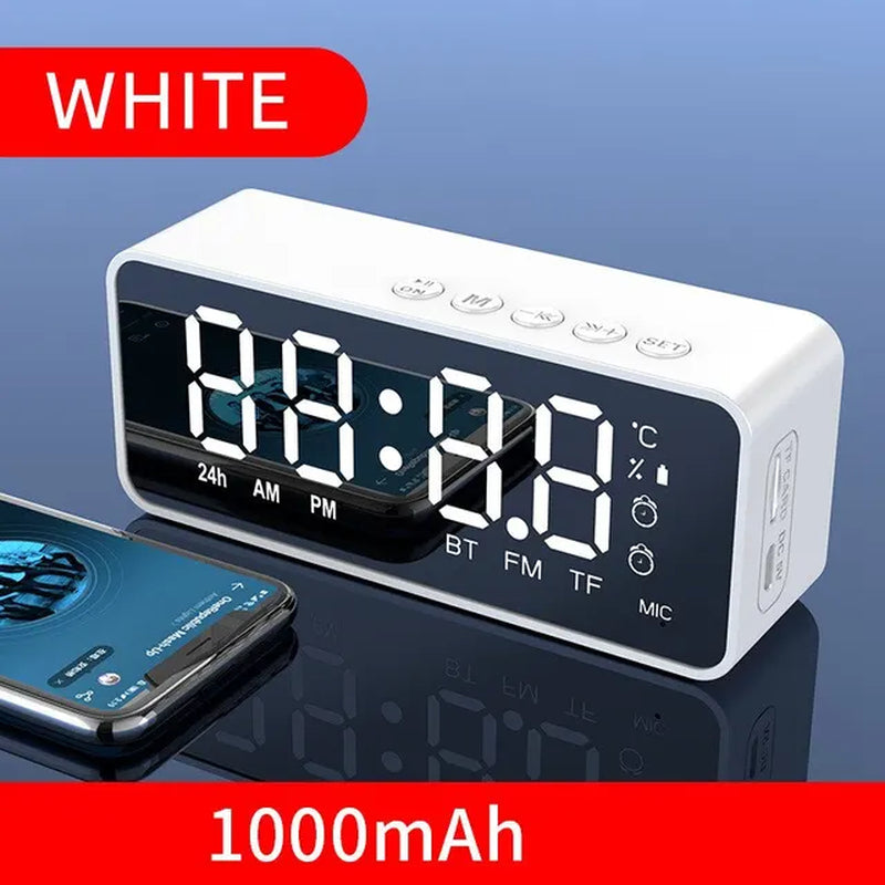 "Mirrored Alarm Clock Speaker with Bluetooth and FM Radio"