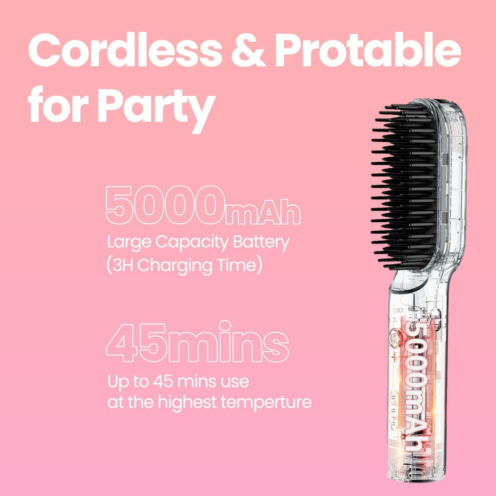 Cordless Portable Hair Straightening Brush with Negative Ion Technology, USB Rechargeable, Lightweight and Anti-Scald for Travel - Black, Pink