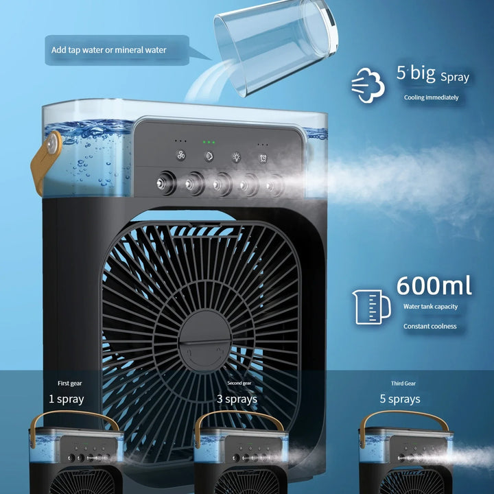 "Hydrocooling Mini Air Conditioner Fan with 3 Speeds and Humidifier"