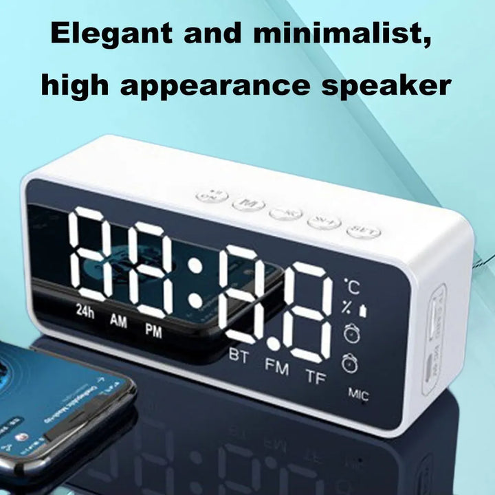 "Mirrored Alarm Clock Speaker with Bluetooth and FM Radio"