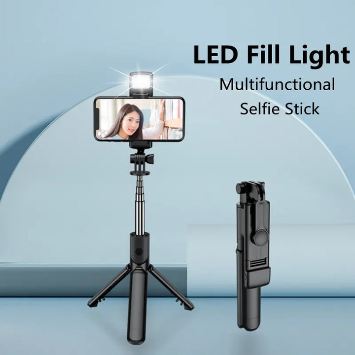 Upgrade Your Selfie Game! Ultimate Selfie Stick 3-in-1 Wireless Tripod with Fill Light and Bluetooth Remote      "