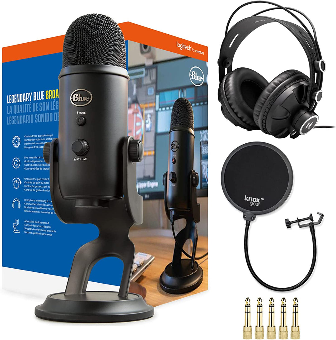 "Ultimate Recording Bundle: Blue Yeti USB Microphone in Blackout with Knox Gear Headphones and Pop Filter (3 Essential Items)