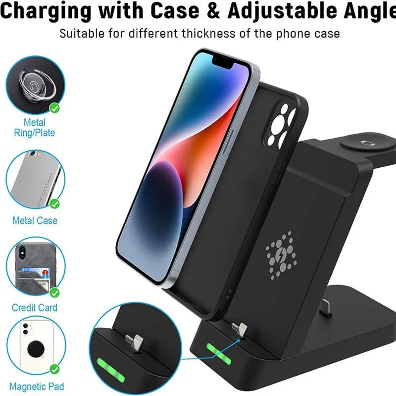 "Ultimate 3-in-1 Fast Wireless Charging Station for iPhone and Samsung Galaxy with Apple Watch and AirPods Dock"