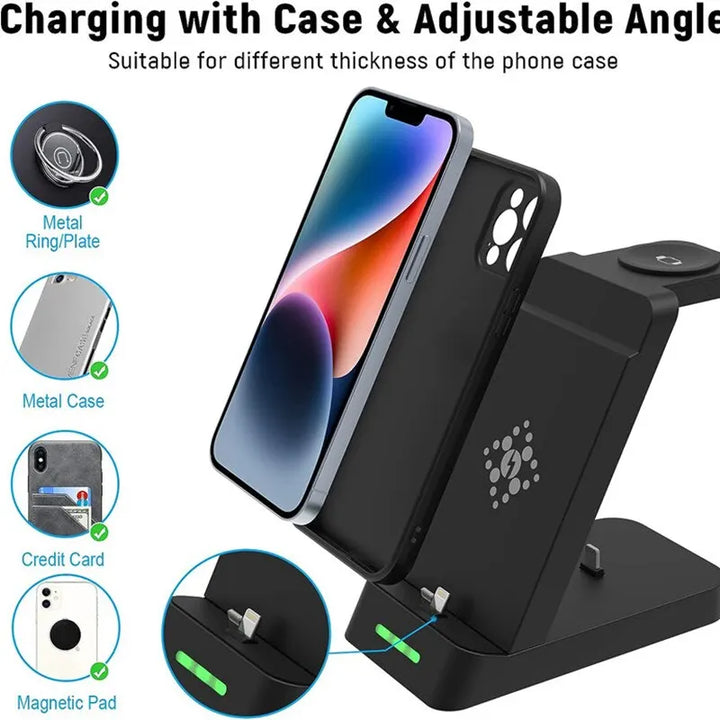 "Ultimate 3-in-1 Fast Wireless Charging Station for iPhone and Samsung Galaxy with Apple Watch and AirPods Dock"