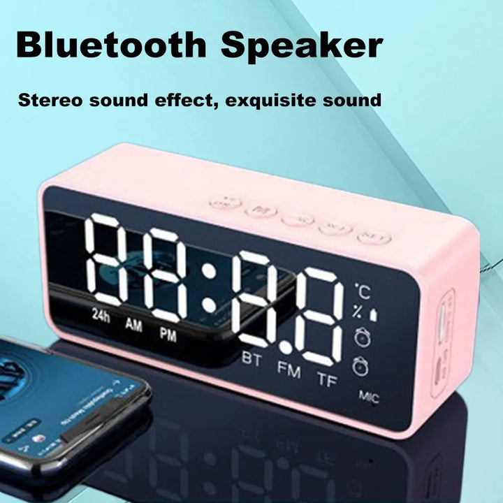 "Mirrored Alarm Clock Speaker with Bluetooth and FM Radio"