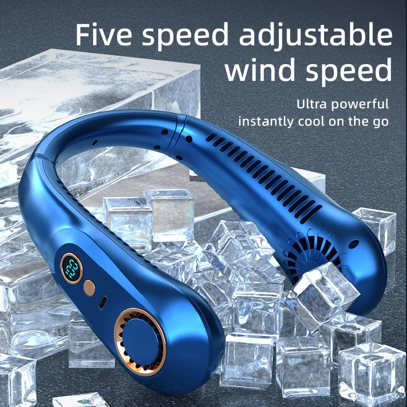 "Bladeless Neckband Fan: Portable Mini Neck Fan with Digital Display and USB Rechargeable Power"