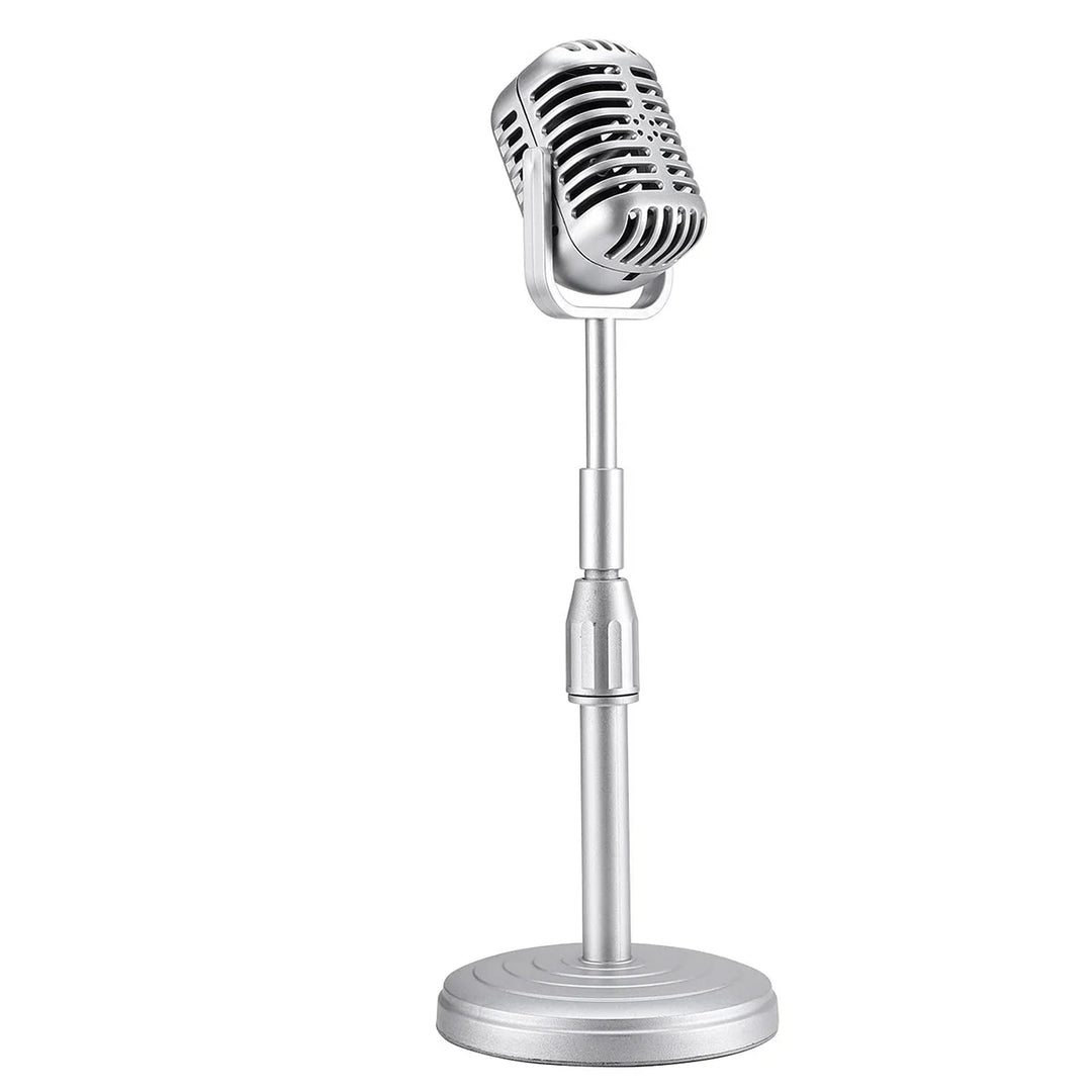 "Vintage Style Dynamic Vocal Microphone with Universal Stand - Ideal for Live Performances, Karaoke, and Studio Recording in Silver"