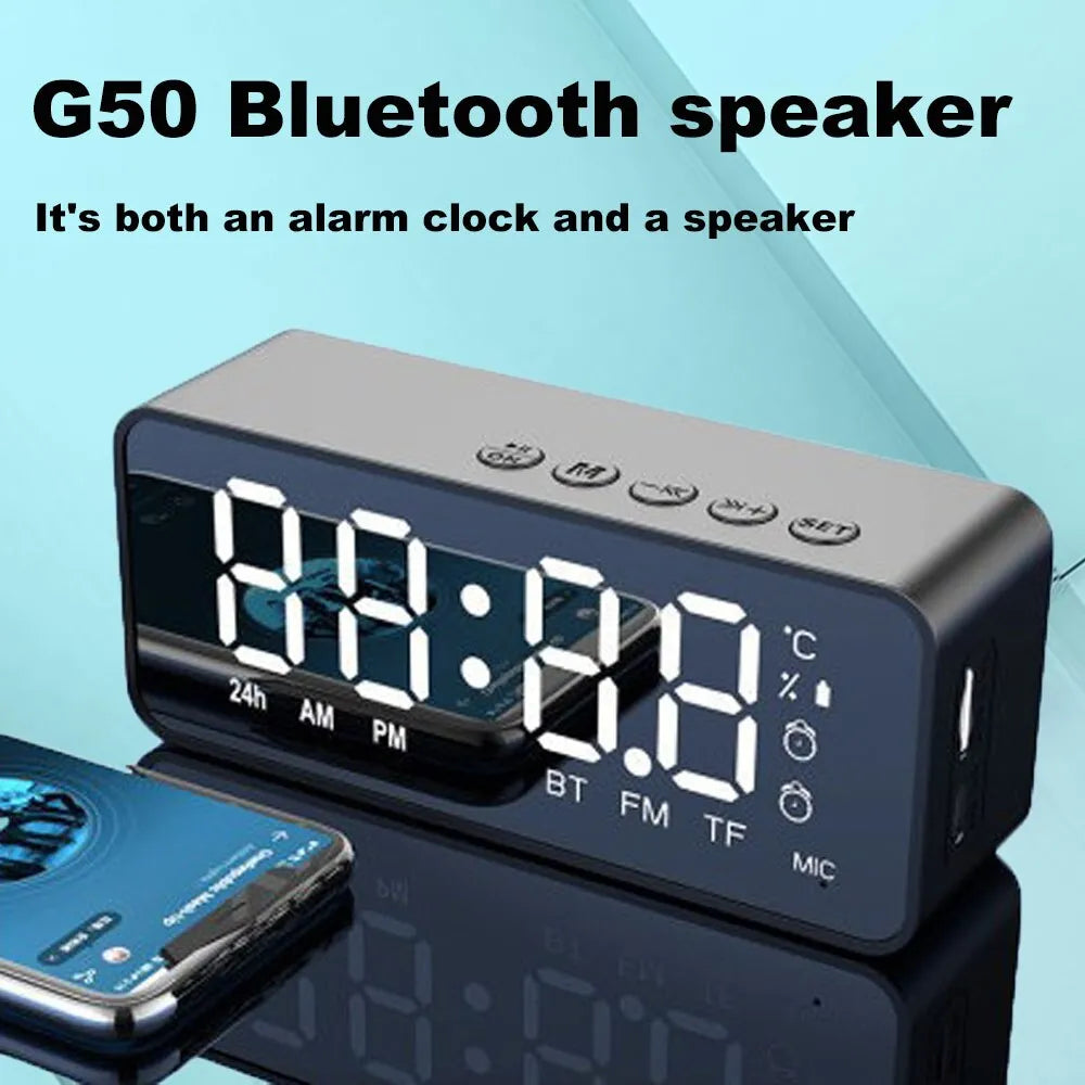 "Mirrored Alarm Clock Speaker with Bluetooth and FM Radio"