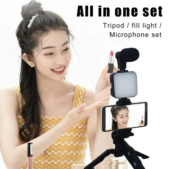 "Ultimate Vlogging Essentials Kit: Smartphone Tripod, Mini Microphone, LED Fill Light - Perfect for Tiktok, Live Streaming, and YouTube Videos!"