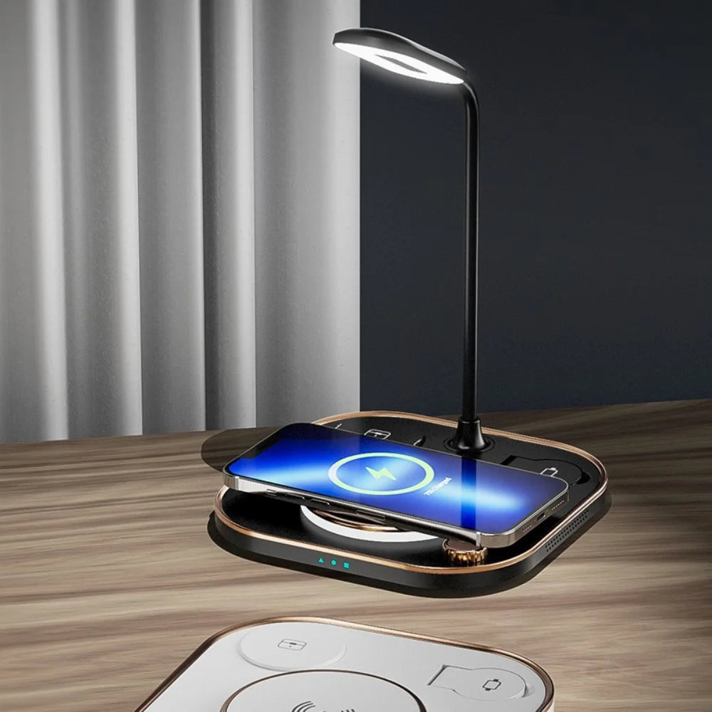 15W Fast 5 in 1 Wireless Charging for Iphone Watch Earphone Modern Led Office Desk Lamp Wireless Charger Lamp