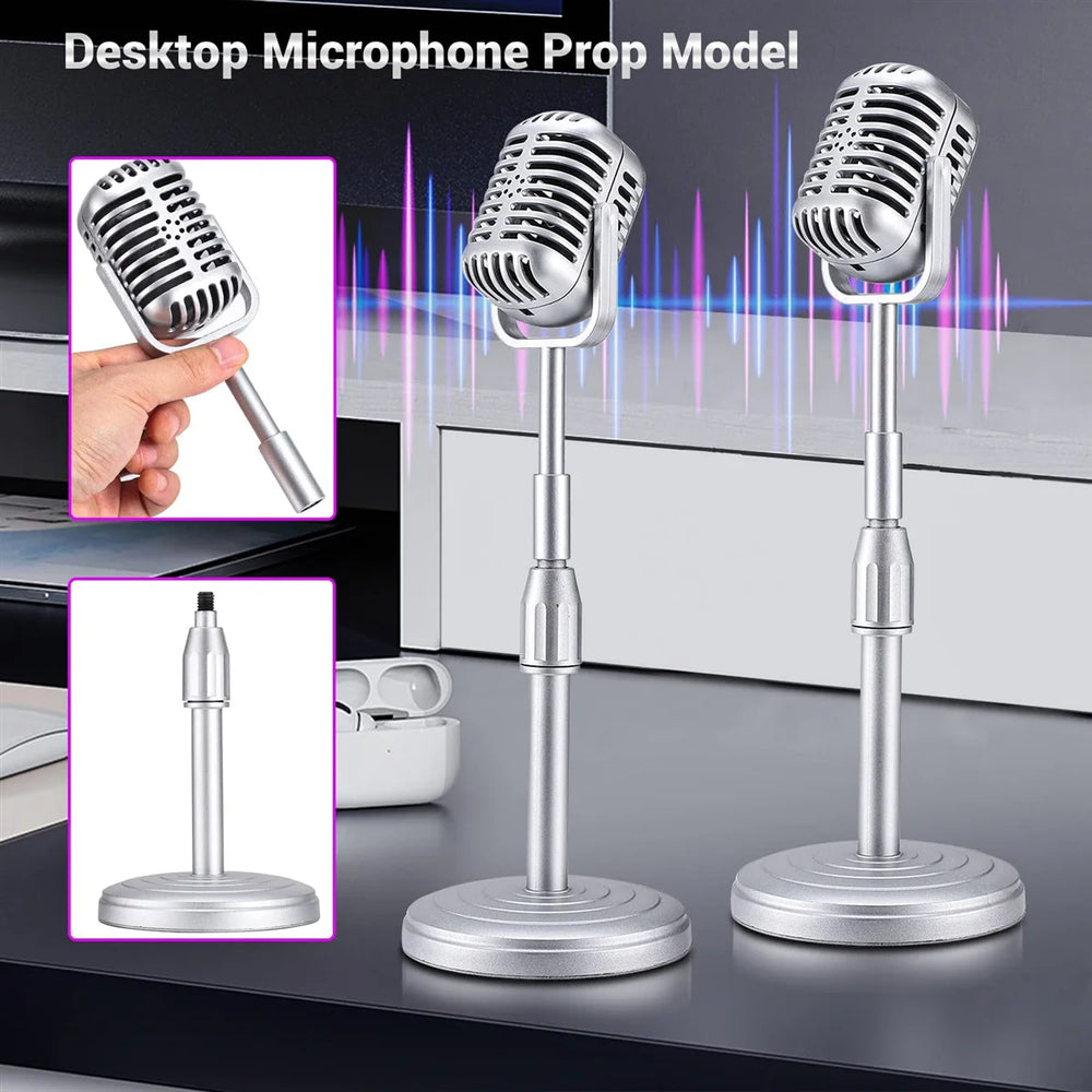 "Vintage Style Dynamic Vocal Microphone with Universal Stand - Ideal for Live Performances, Karaoke, and Studio Recording in Silver"