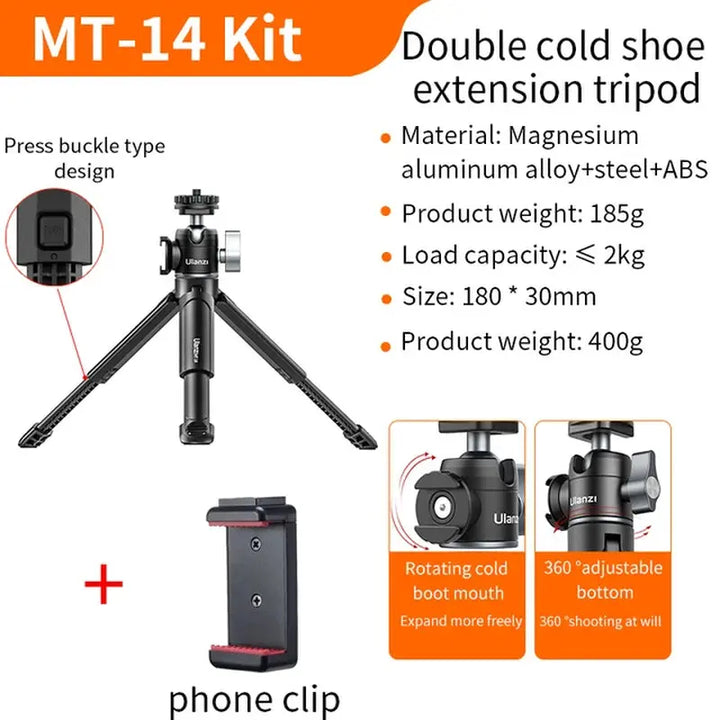 MT-14 Aluminum Alloy Tripod 2KG Load with 360° Ballhead 1/4 Screw Light Portable Vlog Kit Light Desktop Tripods for Phone