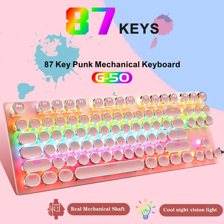 Electroplating Punk Mechanical Keyboard 87 Keys Blue Switch Gaming Keyboards 7-Color Backlight Wired Keyboard for Laptop Desktop