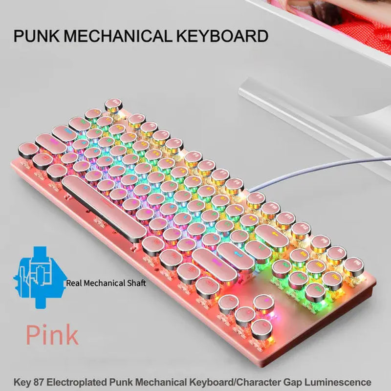 Electroplating Punk Mechanical Keyboard 87 Keys Blue Switch Gaming Keyboards 7-Color Backlight Wired Keyboard for Laptop Desktop