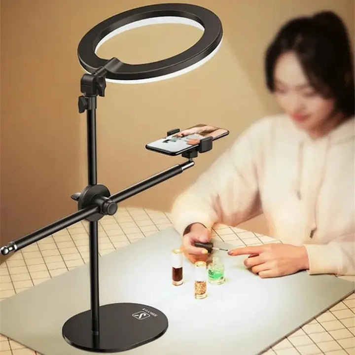 Monopod Mount Bracket with LED Ring Flash Light Lamp Tabletop Stand Tripods with Mobile Phone Holder Overhead Shot for Nail Art